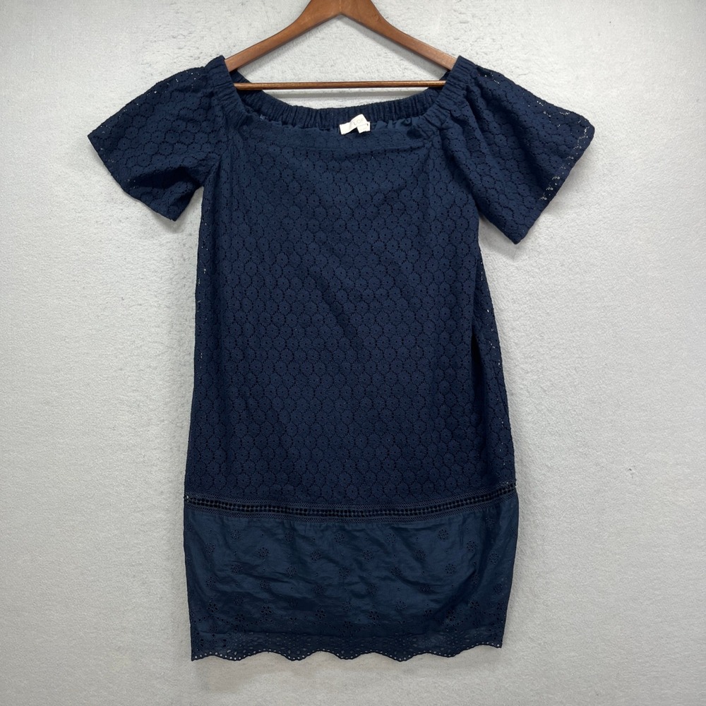 LOFT Dress Womens Small Navy Blue Eyelet Off The Shoulder Mini Boho Summer